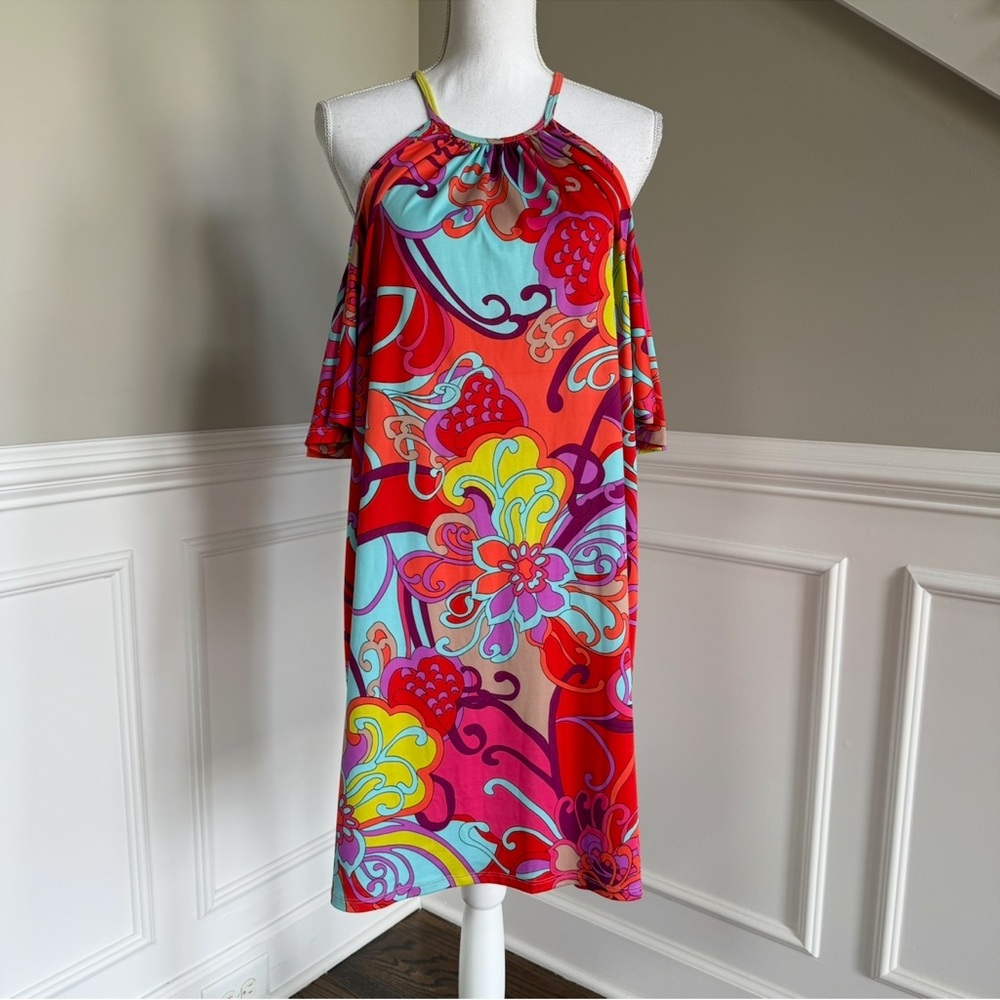 Trina Turk Vibrant Halter Cold Shoulder Dress with Floral Design Size XL